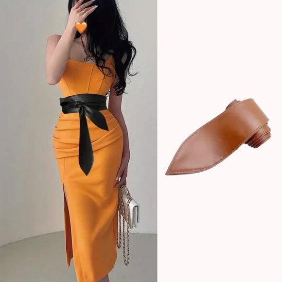 Wide Belt Camel Color Classic Obi Belt Tie Belt - Picture 4 of 8